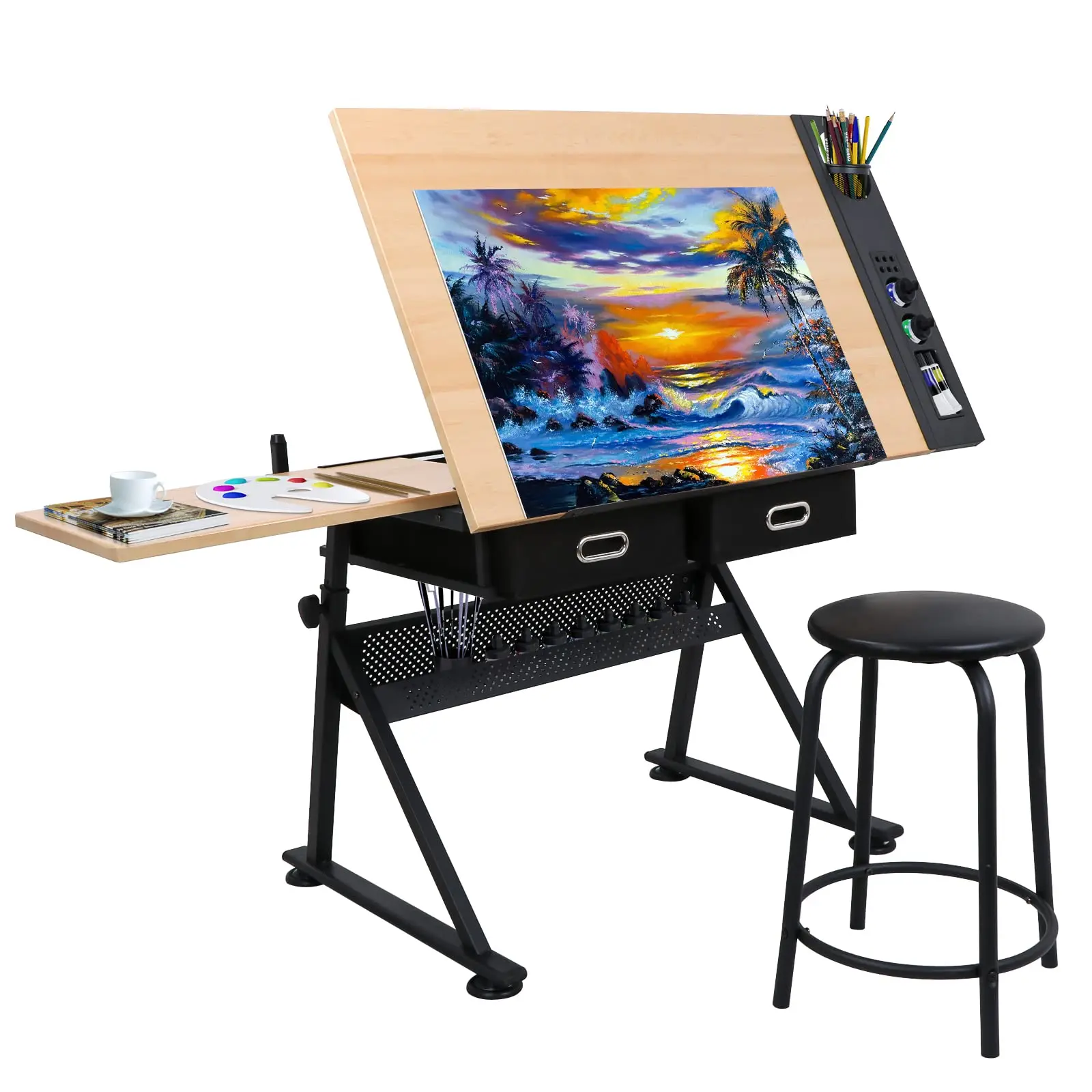 Adjustable Drafting Table with Stool Tilting Drawing Desk Artist Table