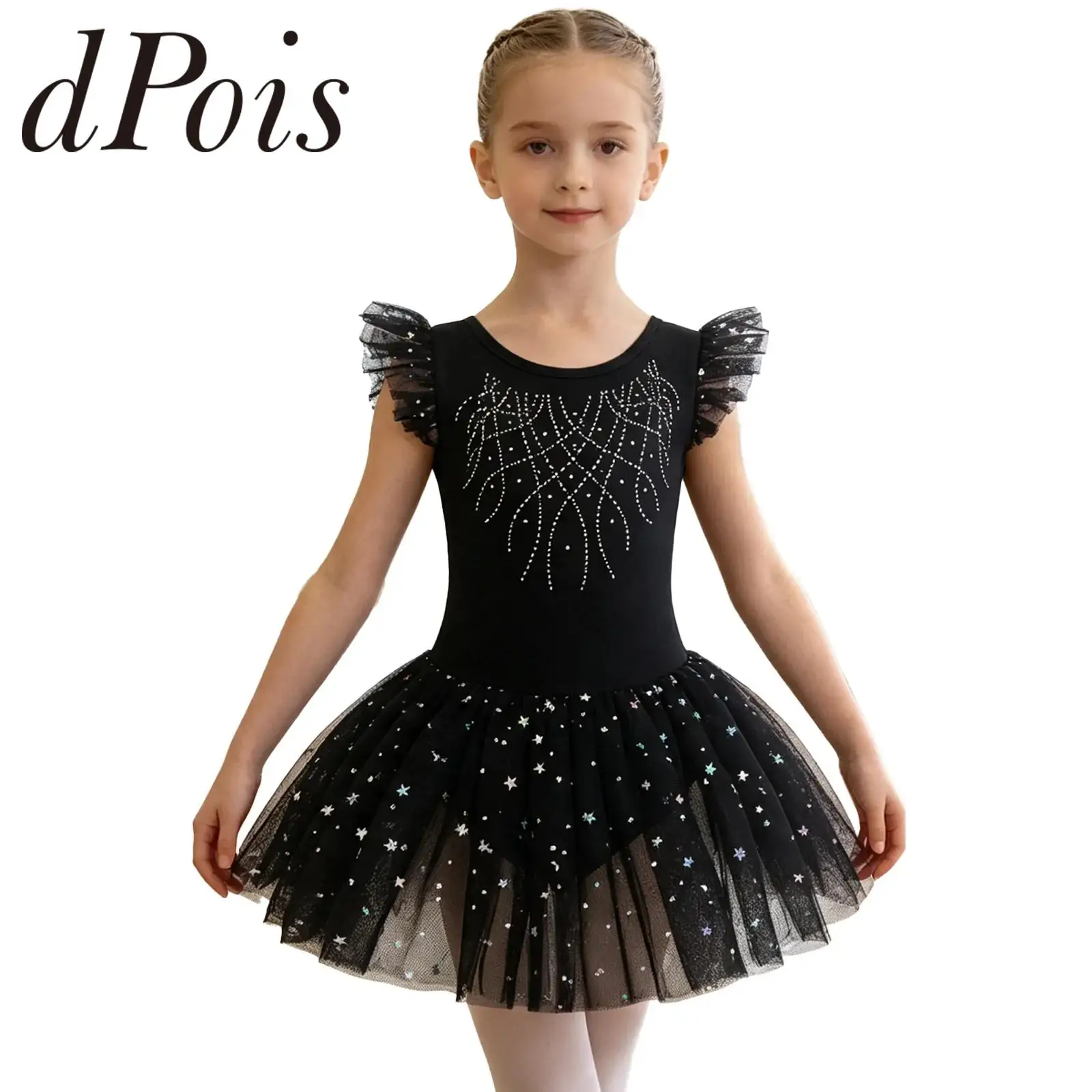 Kids Performance Ballet Dance Costume Girls Figure Ice Skating Dress for Practice Ruffled Sleeve Shiny Rhinestone Princess Dress