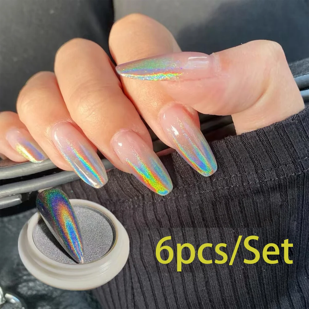 6Jars Laser Nail Powders Aurora Mermaid Holographic Silver Laser Rainbow Nail Glitter Dusts  DIY Nightclub Nail Art Powders