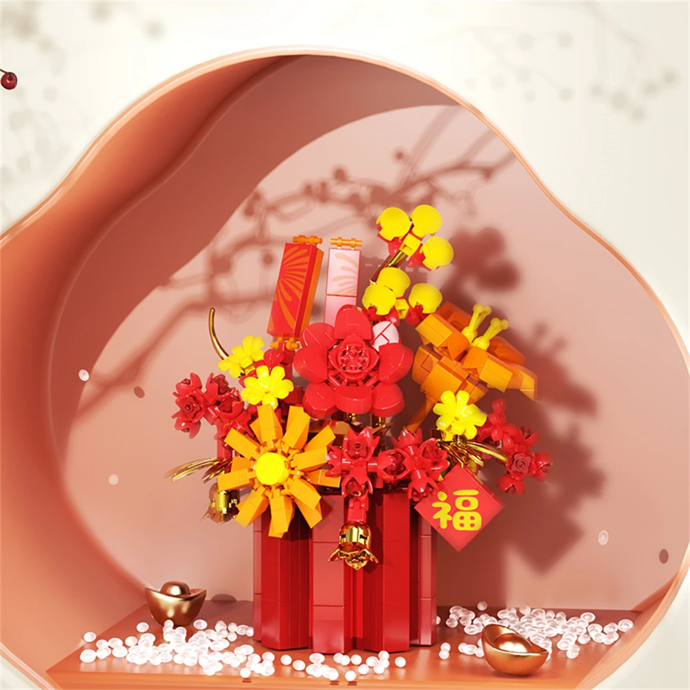 Creativity Bouquet Flower New Year Flower Basket Potted Home Decoration Assembled Micro Building Blocks Bricks Toys For Kids