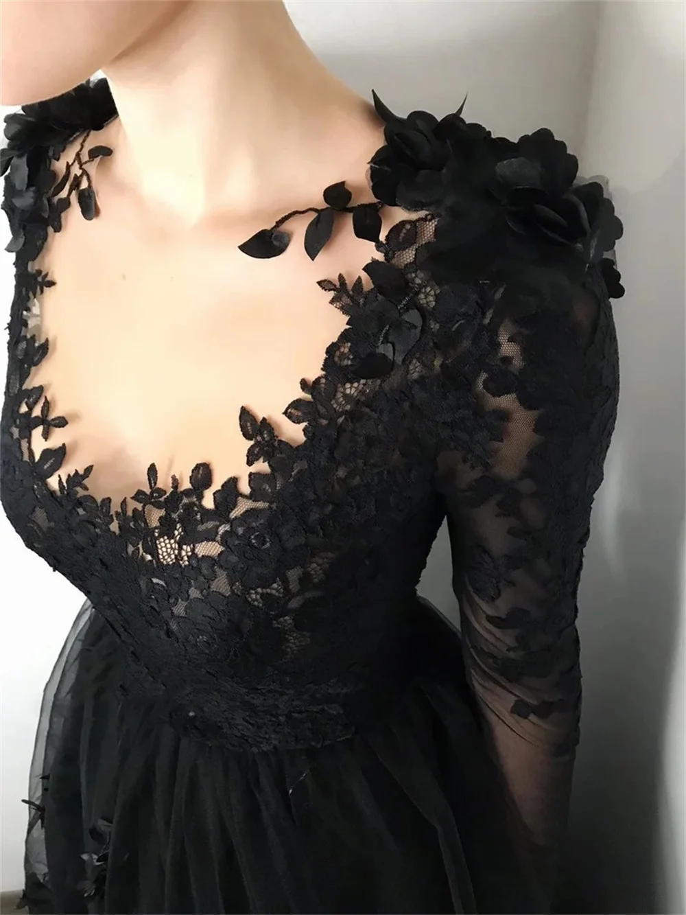 Amanda Luxury Lace Embroid Prom Dress Sexy Long Sleeve A-line فساتين السهرة Black 3D Flower Embroid Vestidos De Noche