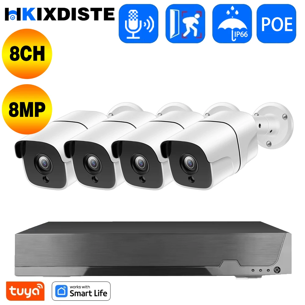 

TUYA 8CH POE NVR Kit 4K Audio Record Security IP-камера Audio Record Красочная ночная водонепроницаемая камера видеонаблюдения