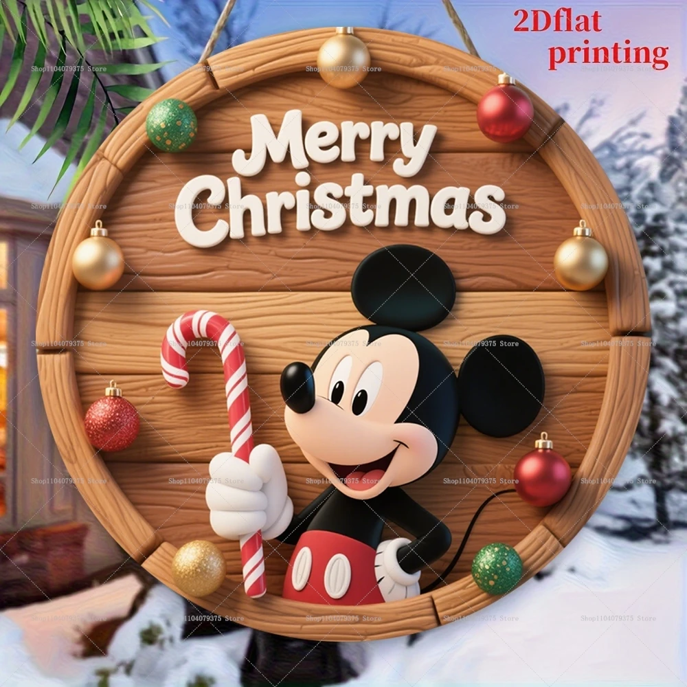 عيد ميلاد سعيد ديزني ميكي شعار شخصية مستديرة خشبية معلقة علامة الباب الأمامي جدار عطلة حزب الاحتفال الديكور