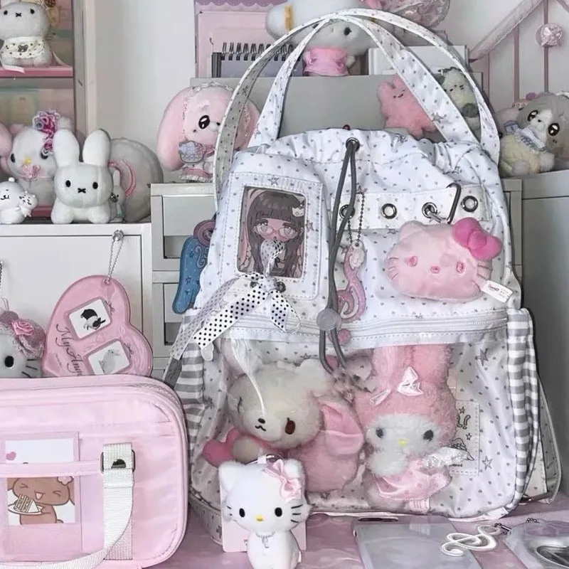 نجمة دوت طباعة اليابانية على ظهره فتاة مخطط جيب Y2k ItaBag سعة كبيرة حمل حقيبة الرباط حقيبة كتف طالب جامعي