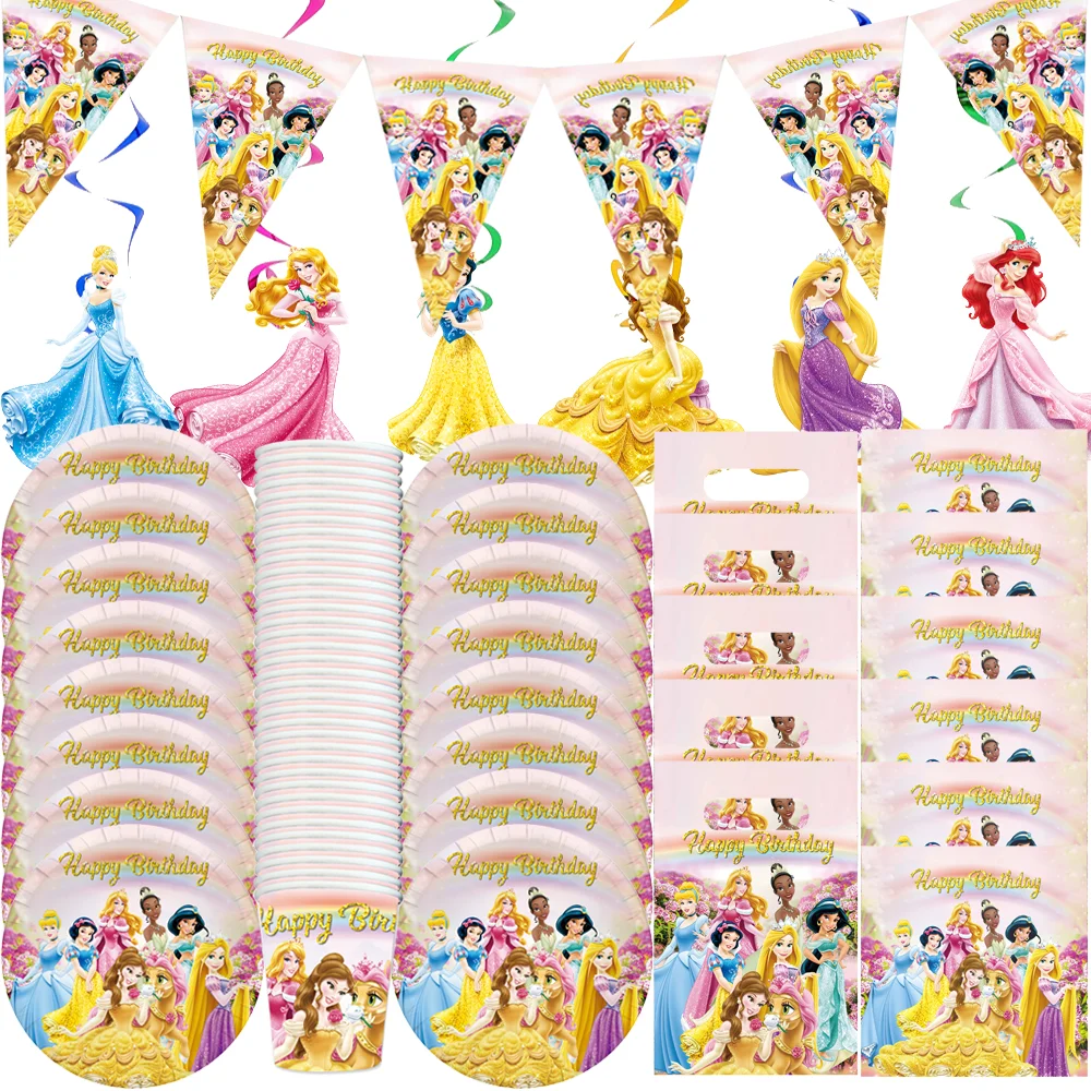 

Disney Princess Kids Party Decor Balloons Disposable Tableware Set Cartoon Cinderella Belle Snow White Birthday Party Supplies