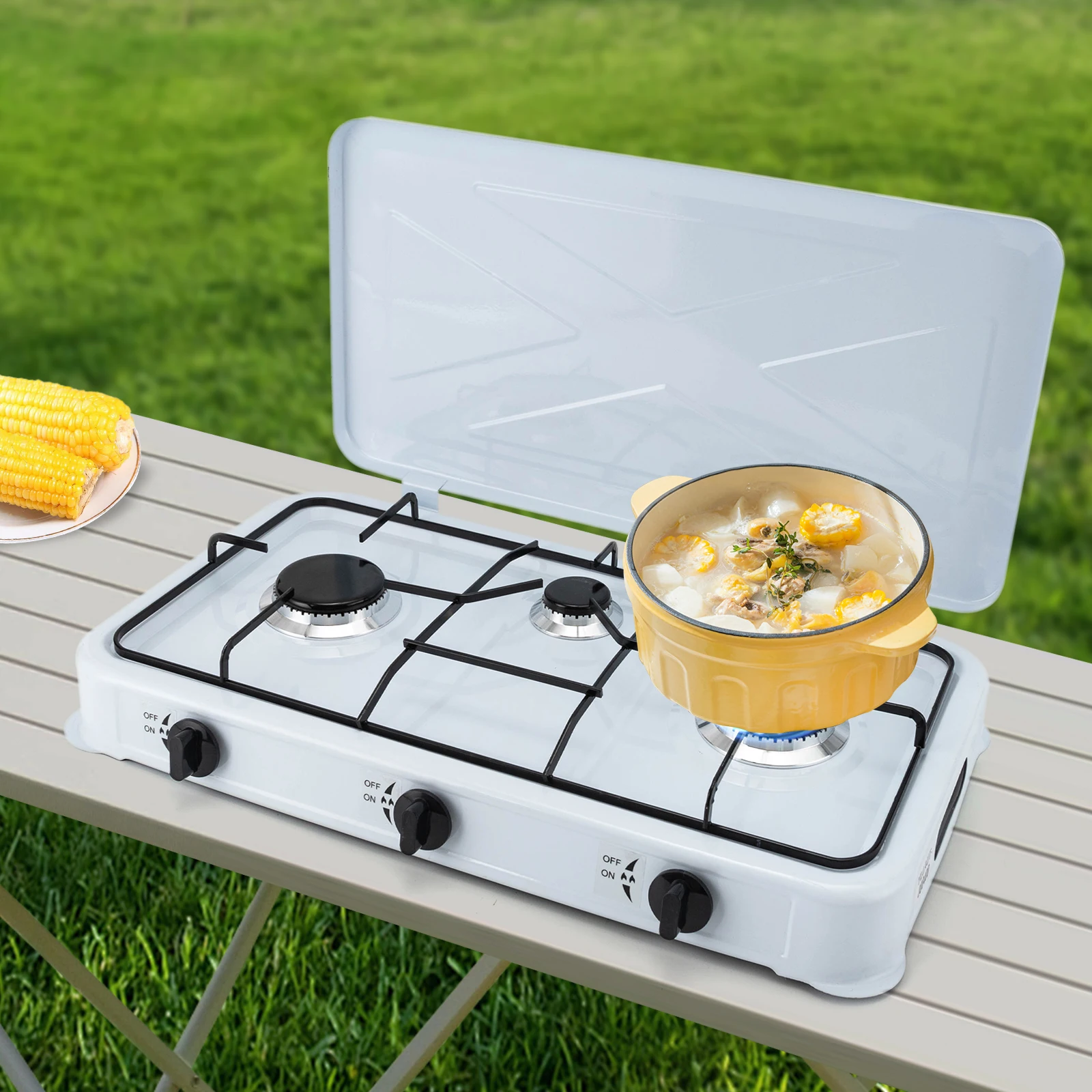 

3 Burner Gas Cooktop with 3 Independent Control Knobs, Wide Shield and Practical Hose Suitable for Frying, Boiling, Stewing