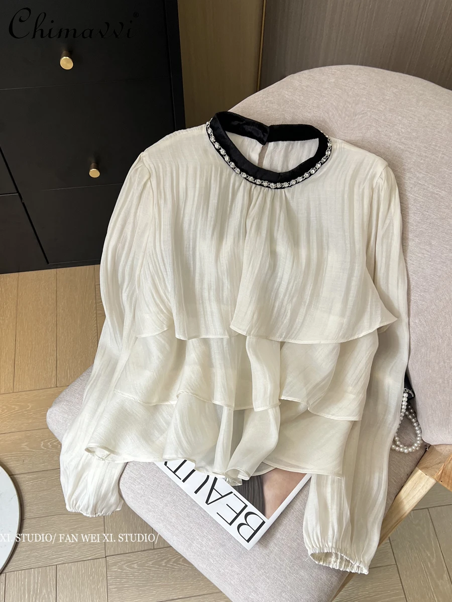 

Spring New French Style Elegant Loose Contrast Color Diamond Round Neck Shirt Fashion Stitching Mesh Laminated Ruffled Women Top