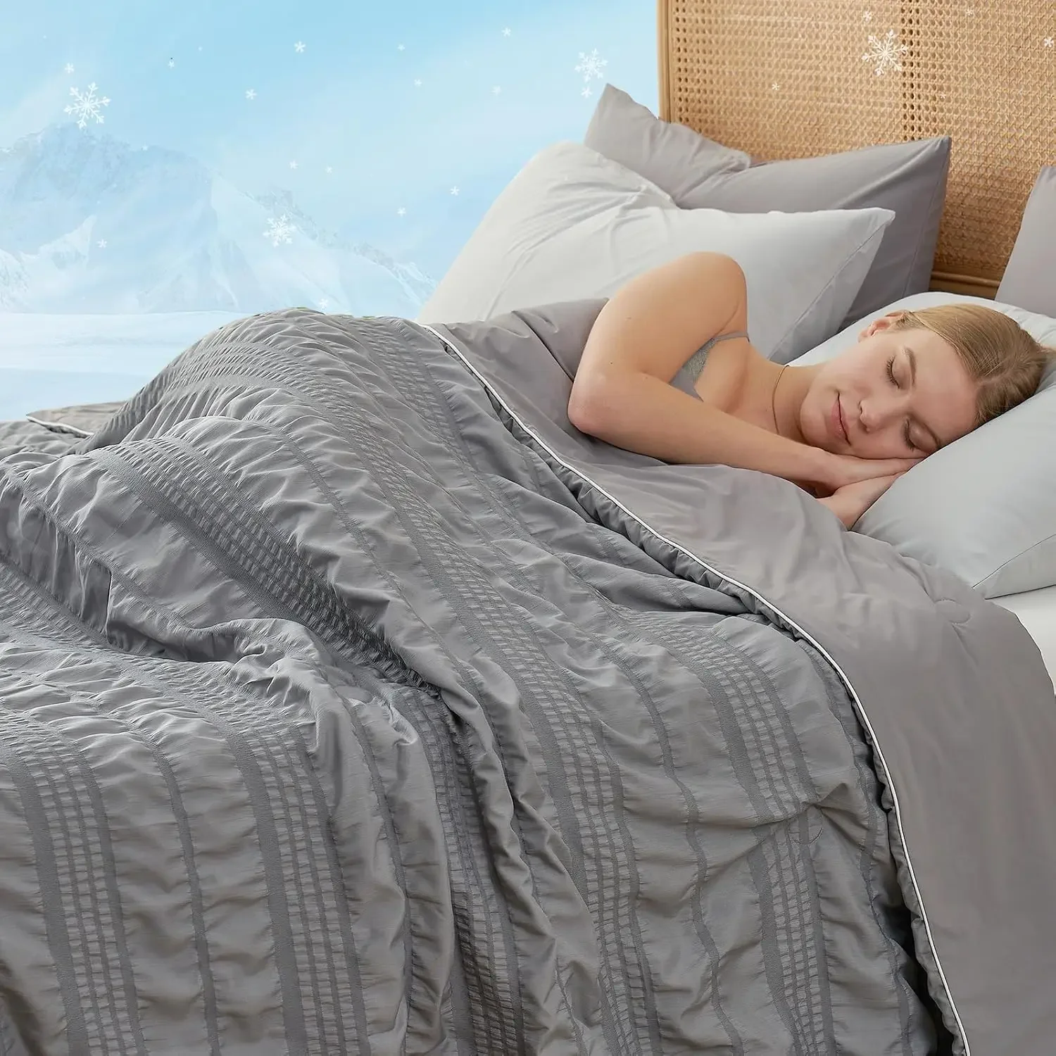 Seersucker Cooling Comforter King Size, Q-Max 0.45 Reversible Lightweight Cooling Blanket, Breathable Silk Smooth Summer Bedding