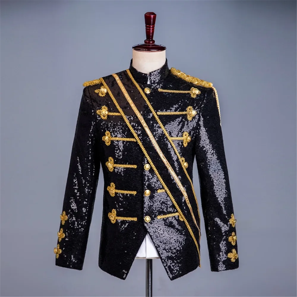 

Men Sequin Uniform MJ Dance Wear Glitter Black White Vintage Michael Jackson Stage Jacket with Tassel