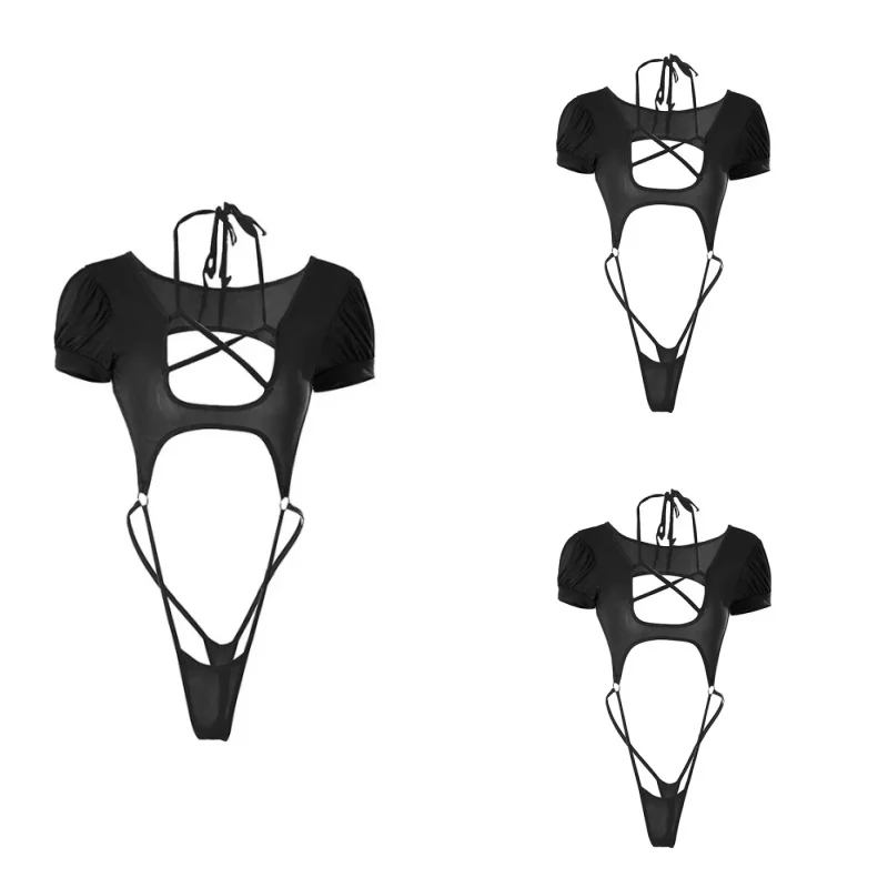 

Черное сексуальное модное боди с вырезами, топ с перекрестными бретелями, готический клубный наряд в стиле Y2K, леотард с высоким вырезом и стрингами, летний рейв-костюм
