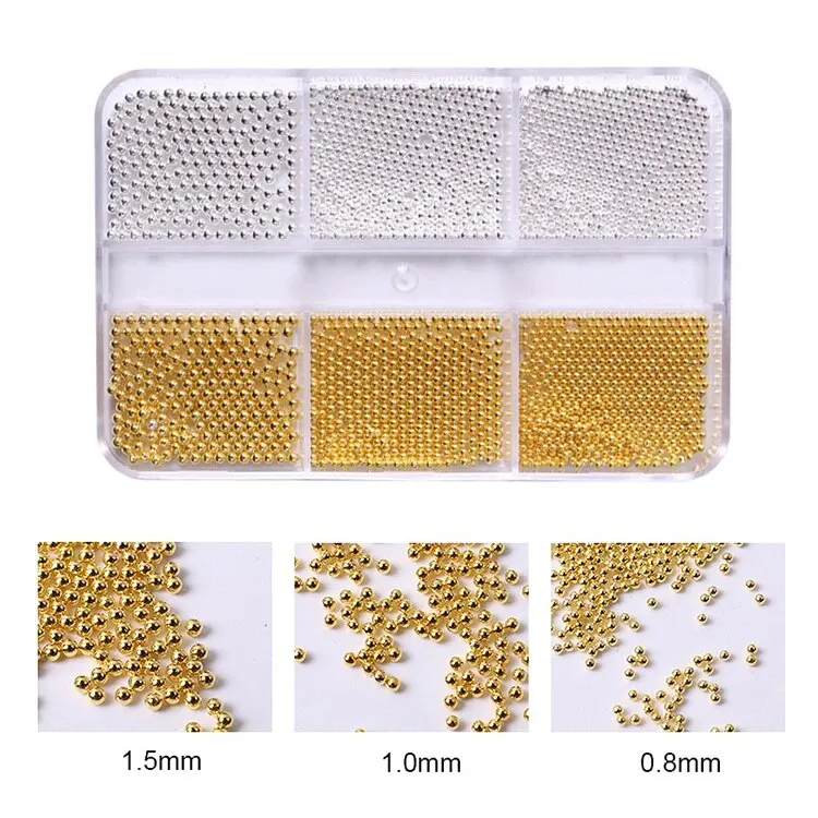6 rejillas de cuentas de oro y plata, gemas redondas, decoraciones DIY, Mini bola, dijes para uñas, suministros de joyería para accesorios de decoración de uñas