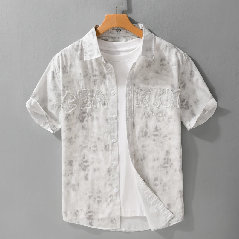 

2026 Summer New 100% Cotton Casual Printed Short Sleeve Shirt for Men Fashion Turn-down Collar Shirt