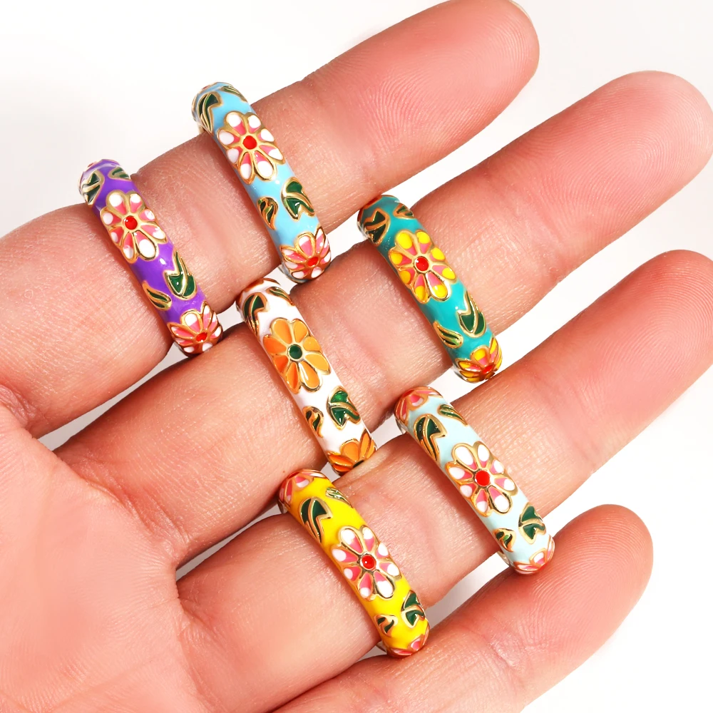 Bagues Vintage à fleurs en émail pour femmes, bague classique colorée gravée plaquée or 18 carats, bijoux cadeau de fête