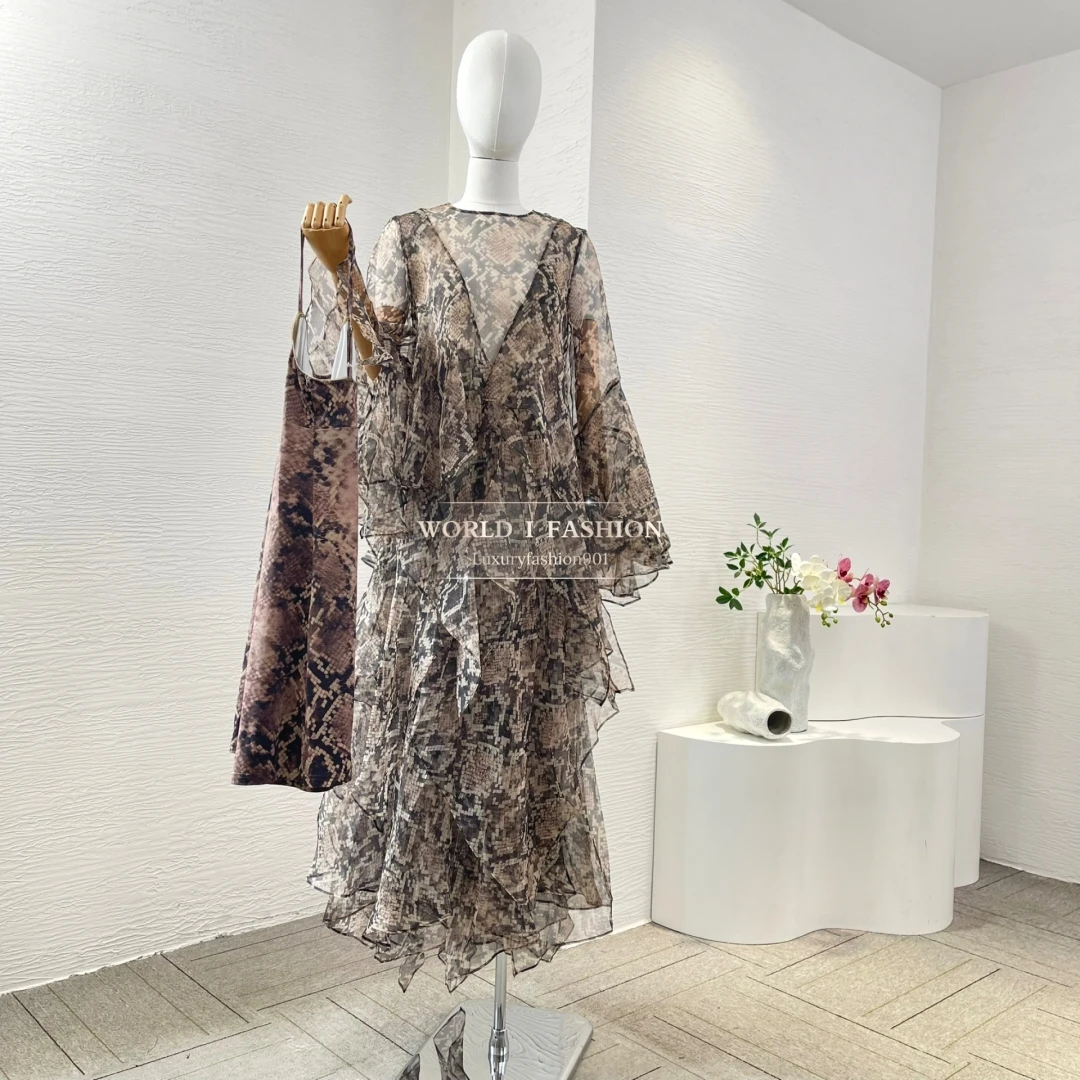 

2025 New Animal Python Print Retro Ruffles High Quality Silk Full Sleeve Women Midi Dress