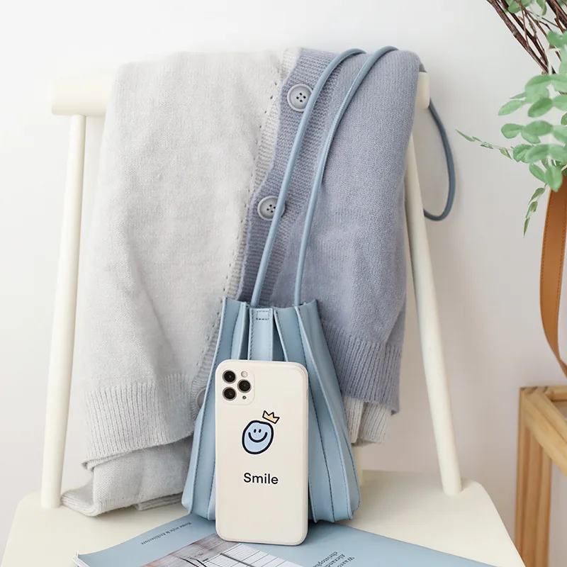 Korean Version Simple Pleated Mini Mobile Phone Bag Casual Soft Leather Cross Body Shoulder Messenger Bag