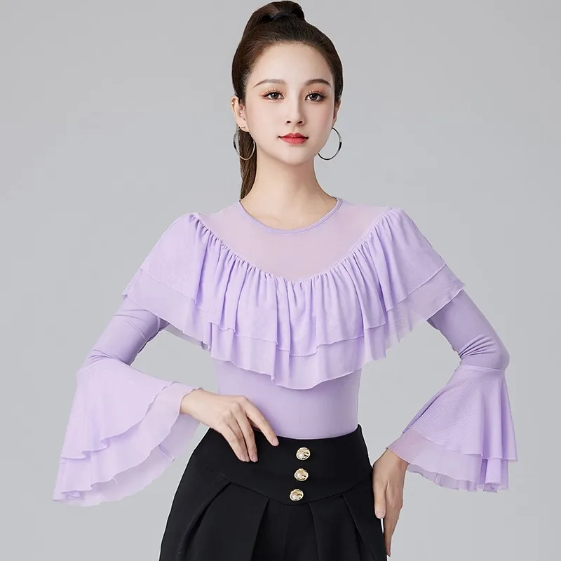 2024 New Adult Women International Ballroom Costume Modern Latin Dance Top Lady Sexy V-neck Mesh Sleeve Fabric Girls Dancewear