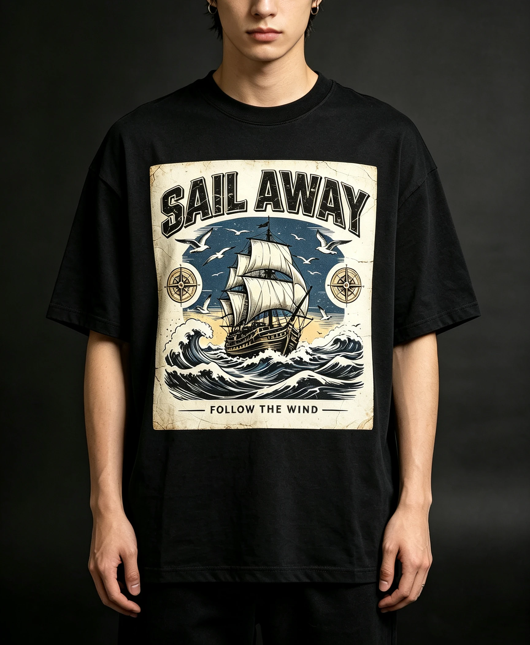 Unisex Sail Away Vintage Sailing Ship Compass Graphic T Shirt Men Women Follow The Wind Ocean Wave Seagull Print Oversized Crew Neck Short Sleeve Casual Streetwear Cotton Top
