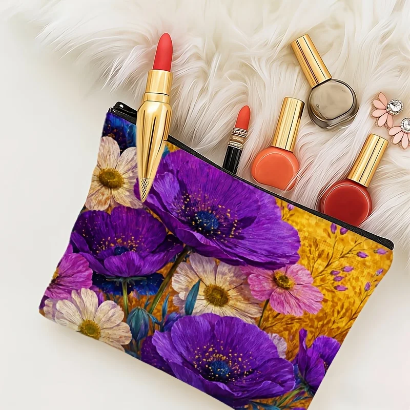 1 Piece of Stylish and Beautiful Purple Floral Pattern Makeup Bag - Multifunctional Zipper Pouch for Women, Perfect Travel Zipper Storage Bag, Fun Birthday Gift