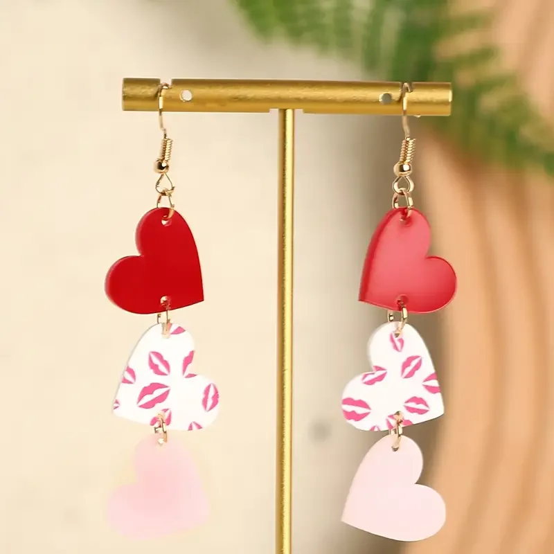 1 Pair EXGOX Valentine\'S Day Acrylic Heart Earrings - Cute & Sexy Kiss Pattern Stainless Steel Post All-Season Fashion Jewelry