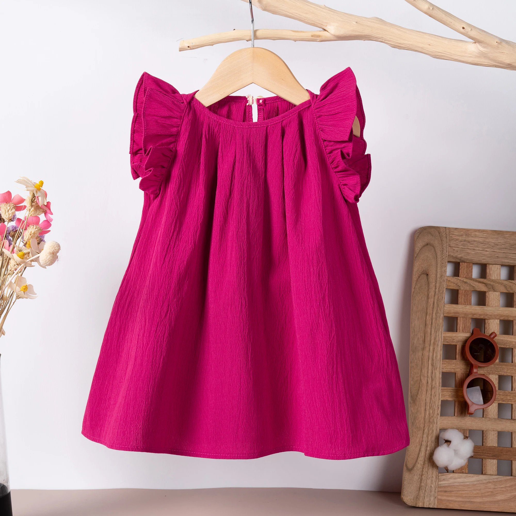 2024 Hot selling Solid Color Button Girl Baby Little Flying Sleeve Dress Princess Style Polyester Cute Baby Dress