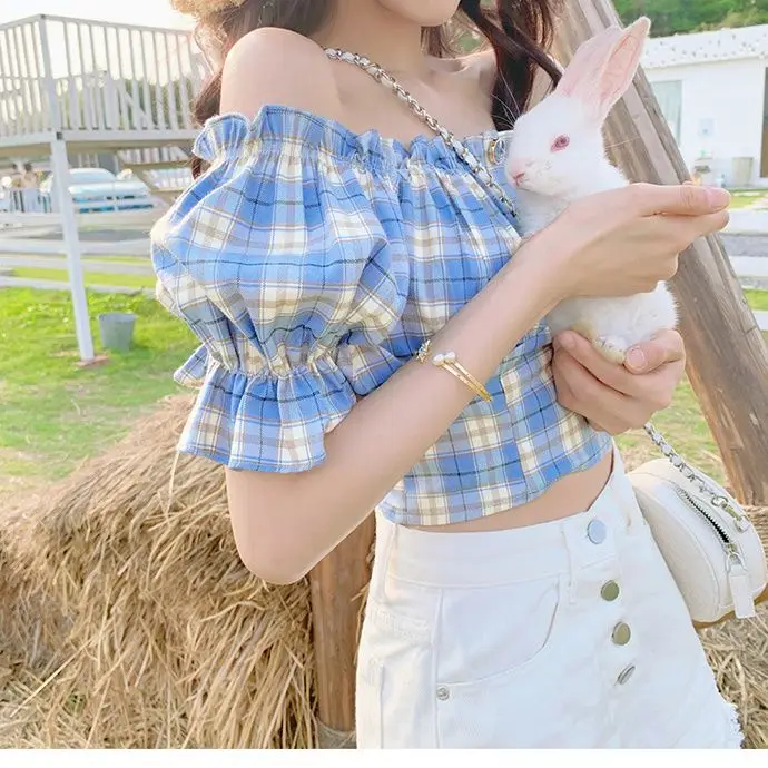 

Puff Sleeve Korean Style One-shoulder Off-shoulder Small Fresh Short Blue Plaid Top Short Sleeve Shirt for Women for Summer