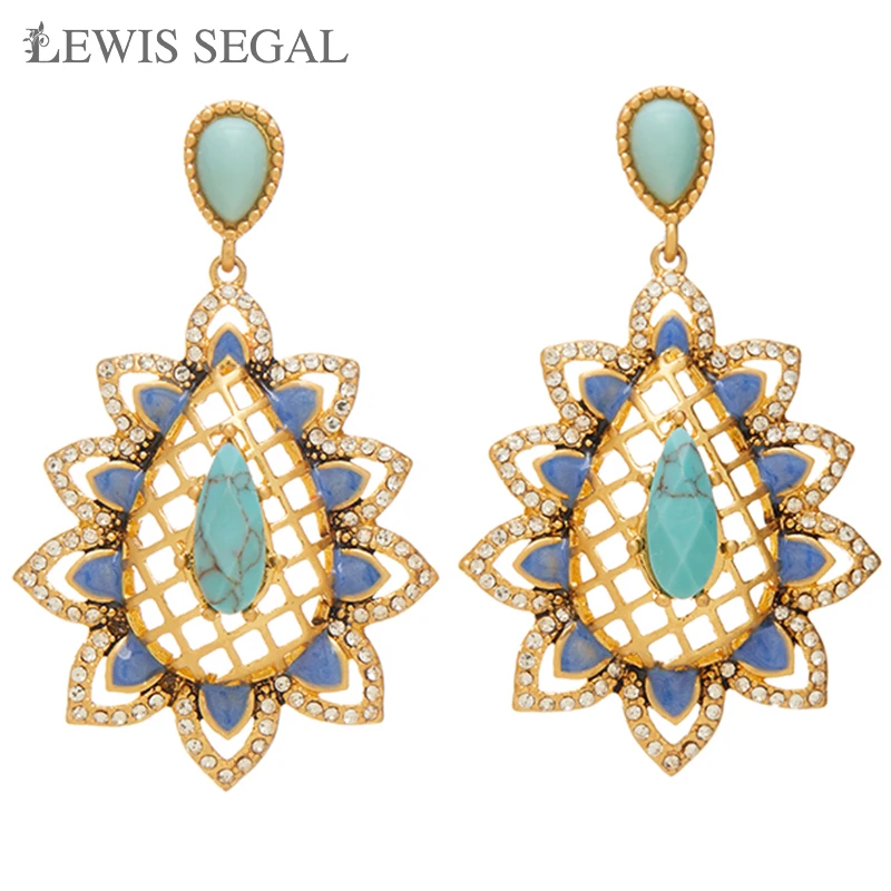 LEWIS SEGAL Luxury Medieval Style Fine Jewelry Vintage Openwork Blue Turquoise Earring Luxury for Women Girl 18K Gold Plated