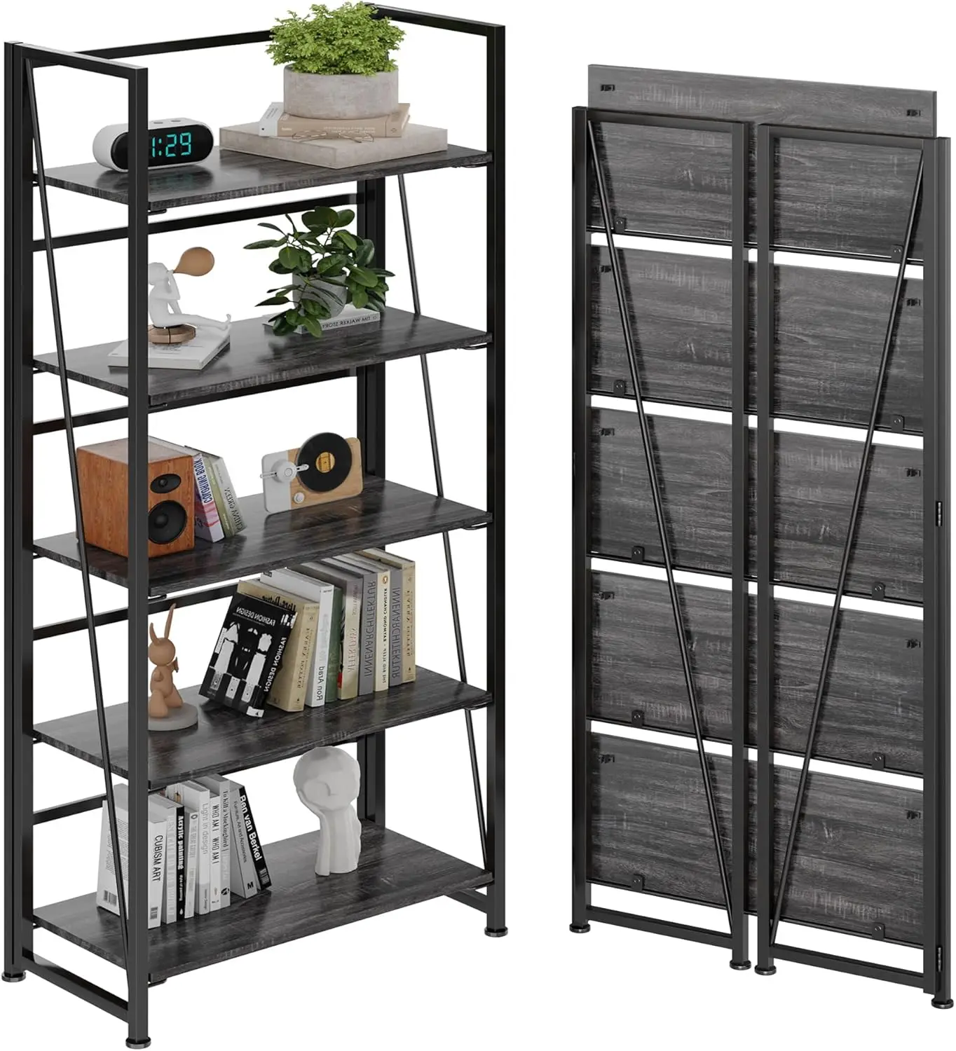 

Vintage Multifunctional Folding Bookshelf, No-Assembly Plant Stand Storage Rack Shelves for Home Office (Gray, 5-Tier)