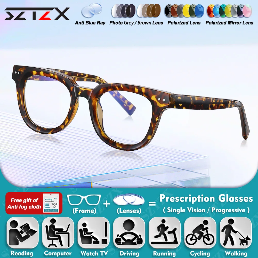 

SZTZX Fashionable Women Square Myopia Prescription Glasses Retro Small Frame Anti Blue Light Photochromic Progressive Eyeglasses