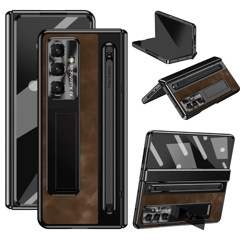 

Dark Retro Glass Film Bracket PU Leather Phone Case for Samsung Galaxy Z Fold 7 6 5 4 3 Pen Slot with Pen Hinge Protection Cover