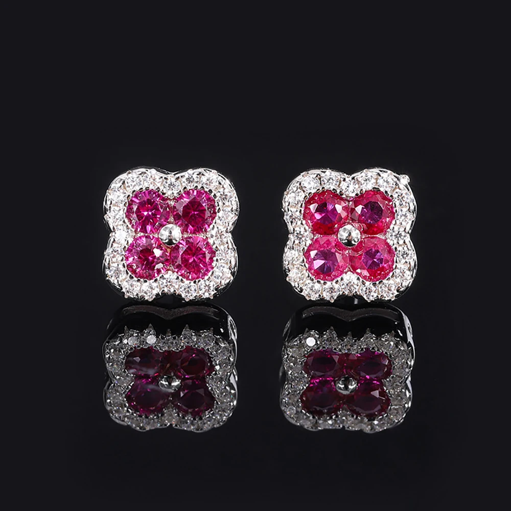 Vintage 100% 925 Real Silver Four-Leaf Clover Emerald Ruby Sapphire Gemstone Stud Earrings for Women Cocktail Party Fine Jewelry