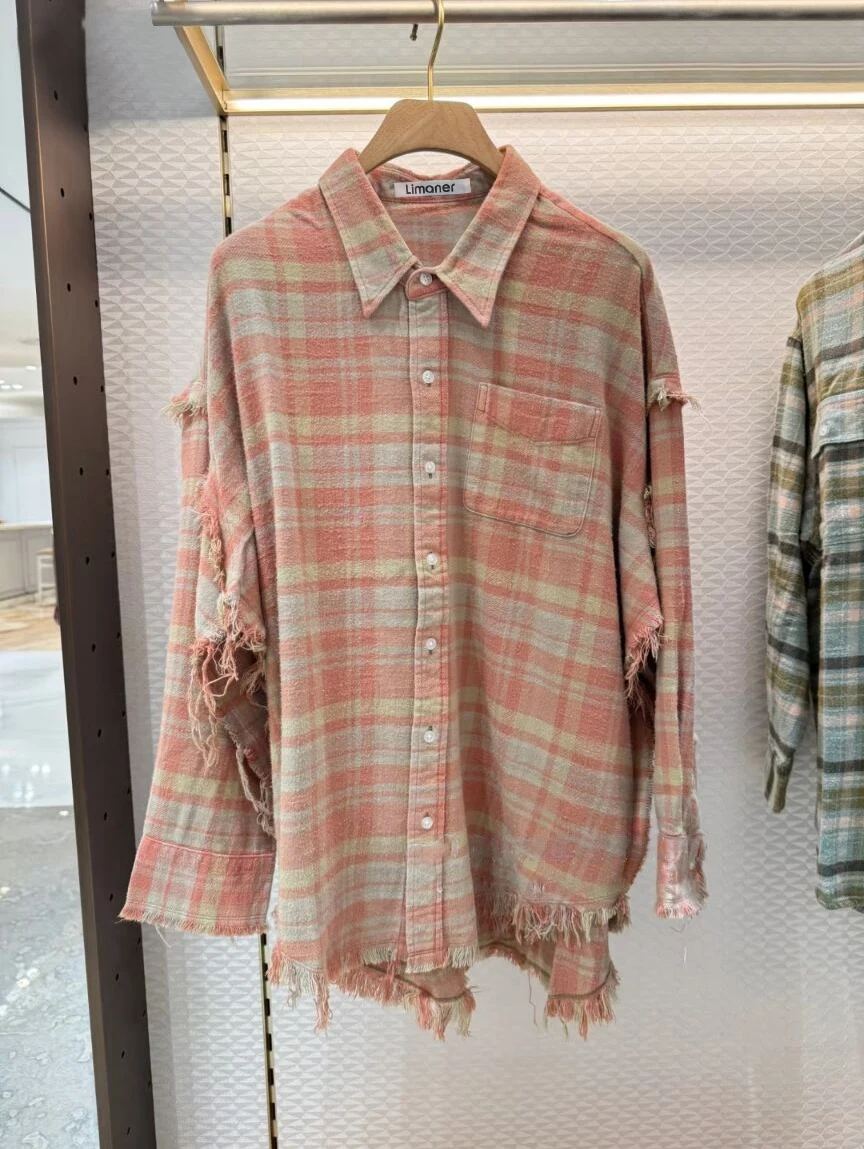 

Casual Plaid Long Sve irt Women's Classic Fringe Collar Spring Autumn New Sle Vintage Loose Fit Cotton Breathable