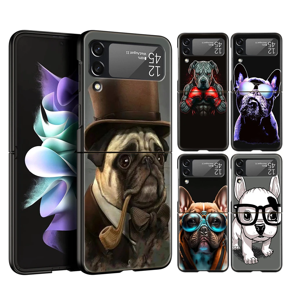 Cute Cartoon Dog Pug French Bulldog Hard PC Phone Case For Samsung Galaxy Z Flip 5 4 3 Black Cover For Galaxy Z Flip 6 Foldable