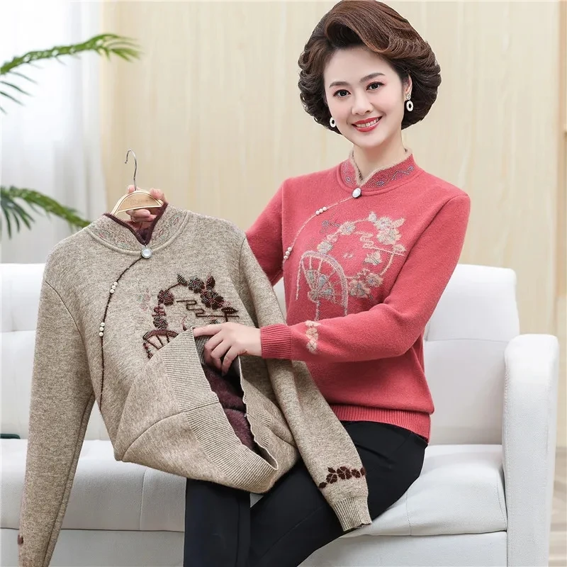 

2024 Middle-Aged And Elderly People With Velvet Padded Winter New High-end Long Collar Sweater Loose Solid Color Joker Top