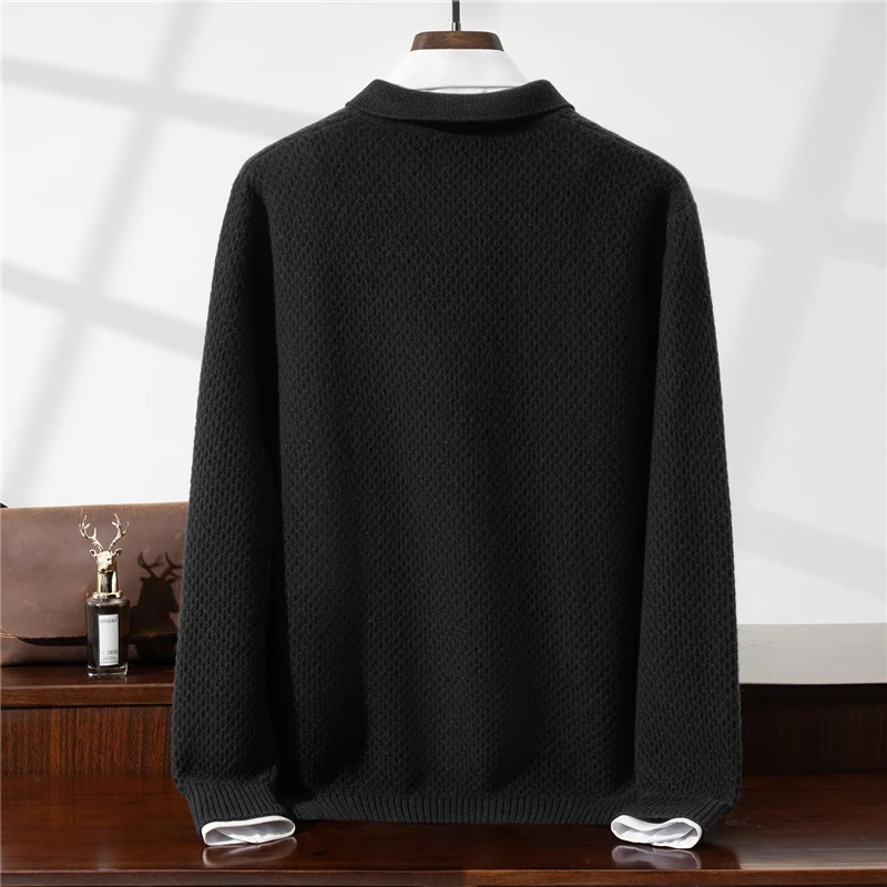 100% Wool Sweater Turn-Down Collar Cardigan Men's Knitted Casual Sweater Zipper Middle-Aged Men's Knitted Jacket