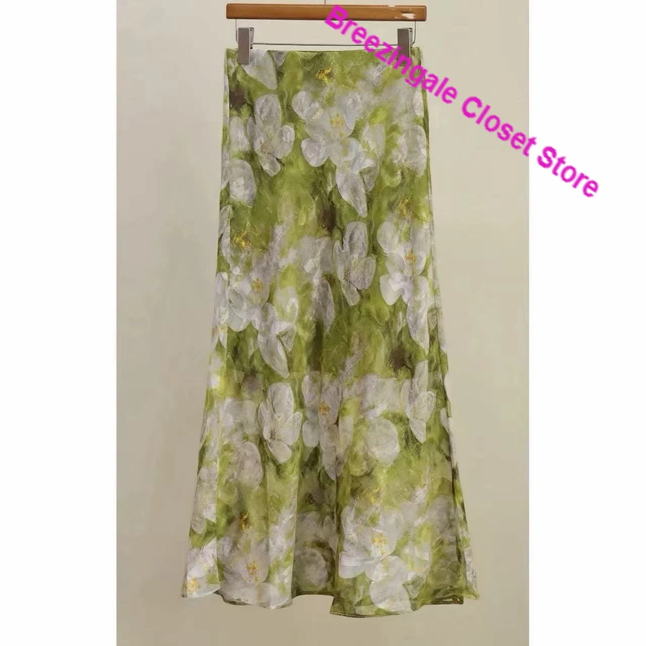 French light wind fresh green flower skirt female summer and autumn new fashion high waist chiffon long slim A fishtail skirt.
