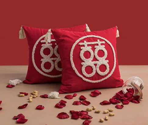 Chinese New Year Celebration Wedding Pillow Cover with Red Fortune and Happiness Characters Wedding Room Sofa Bedhead Pillowcase