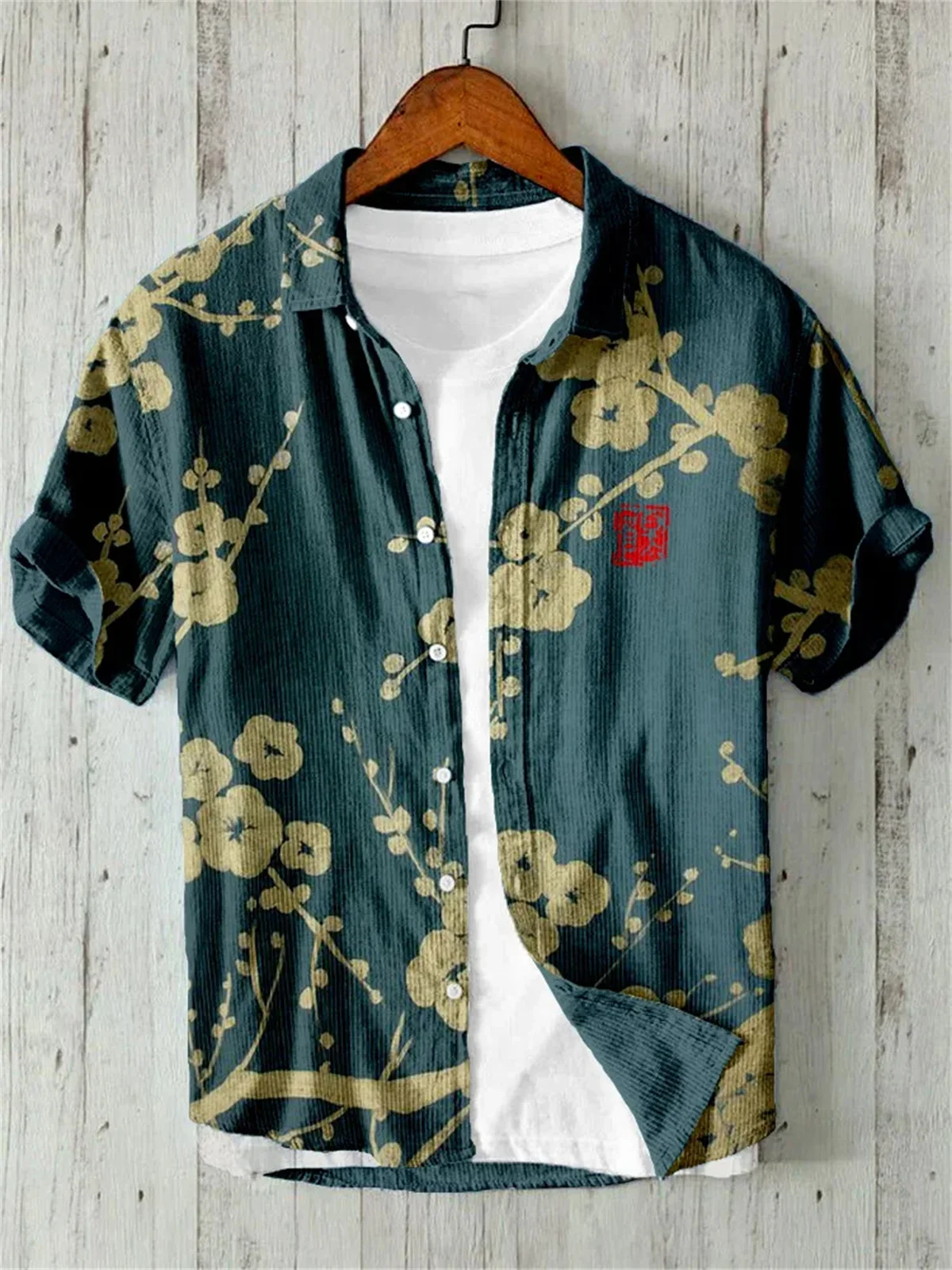 

Men's Hawaiian Beach Short Sleeved Linen Top, Flower, Japanese Vintage Art, 3D Print, Single Breasted, Summer, 2024