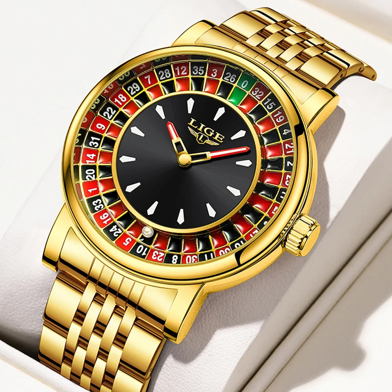 LIGE nuovo orologio al quarzo da uomo in oro moda numeri arabi rotante quadrante da gioco orologio da polso da uomo orologi militari impermeabili per uomo