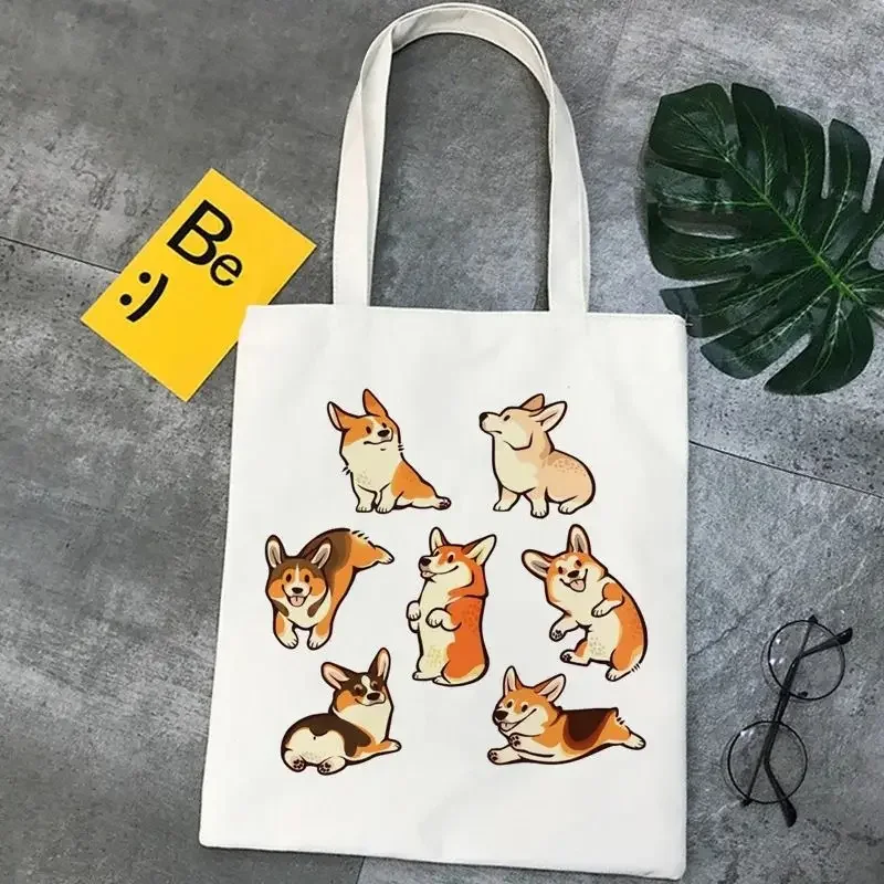 Corgi Dog Cartoon Funny Shopping Bag Graphic Tote Handbag Harajuku Shopper Bag for Women Eco Large-capacity Female Shoulder Bag