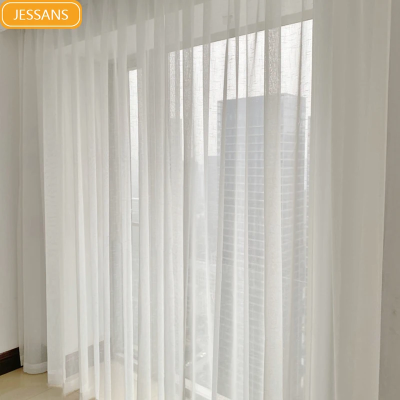 Pantalla de ventana de hilo blanco, cortinas de lino y algodón para sala de estar, dormitorio, ventana flotante, cortina de suelo blanca personalizada