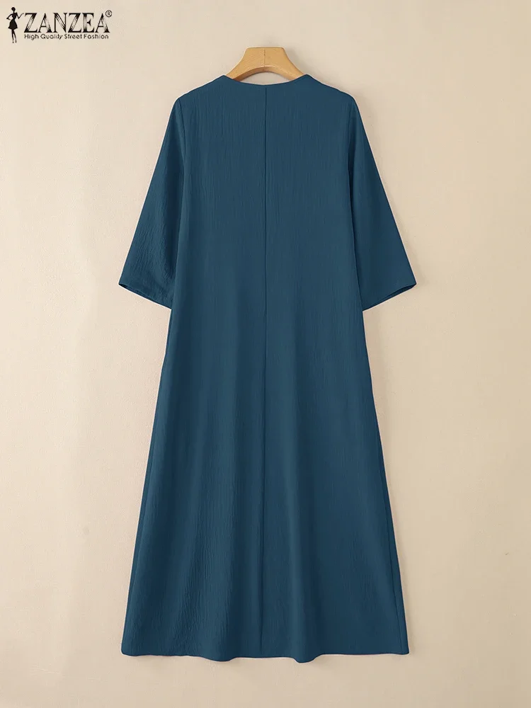 Zanzea vintage feminino camisa longa vestidos moda cor sólida midi vestido de verão 2025 botões casual solto manga 3/4 vestidos elegantes