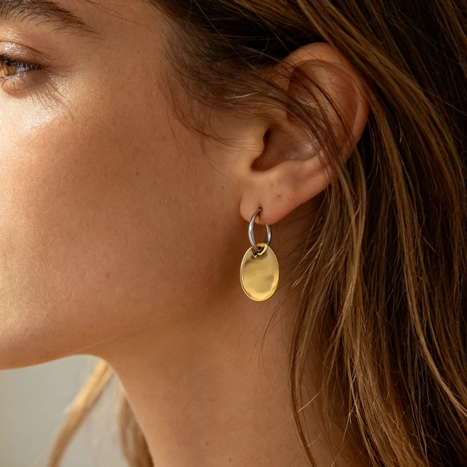 Two Tone 316 Stainless Steel Oval Disc Hoop Earrings Blank Engravable Minimalist Dangle Earrings For Women Daily Fashion Jewelry
