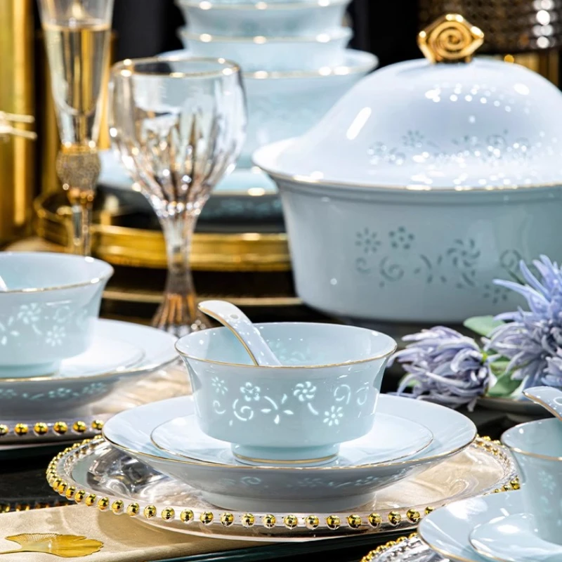 Jingdezhen Linglong Porcelain Dinner Set Tableware High-end Moving House Celebration Bowl And Plate Set Home Use Luxury Wedding