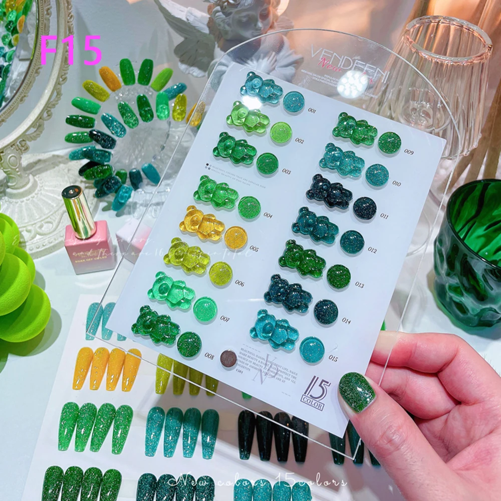 Vendeeni 15 ألوان/مجموعة عاكسة كسر الماس هلام طلاء الأظافر UV LED بريق الترتر مانيكير مسمار الورنيش مع بطاقة اللون