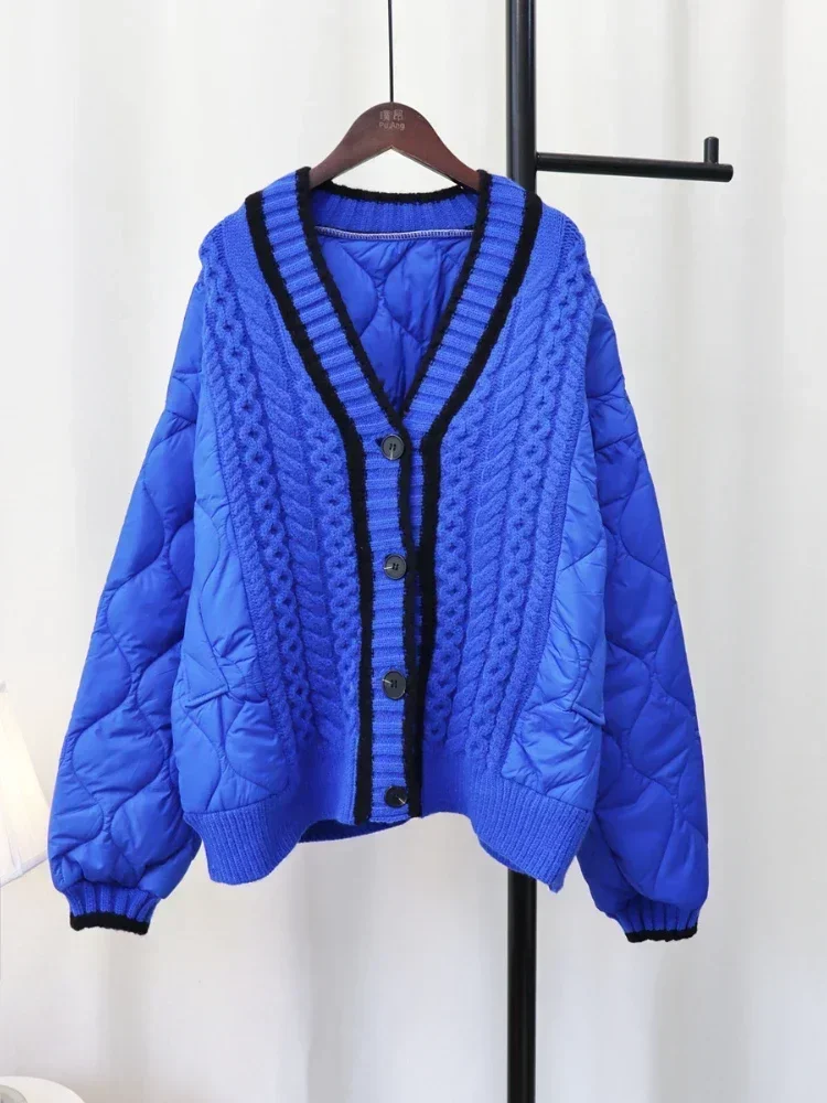 2024 Autumn Winter New Korean Loose Stitching Cotton-Padded Sweater Jacket Women's Fashion Thickened Contrast Knitted Cardigan