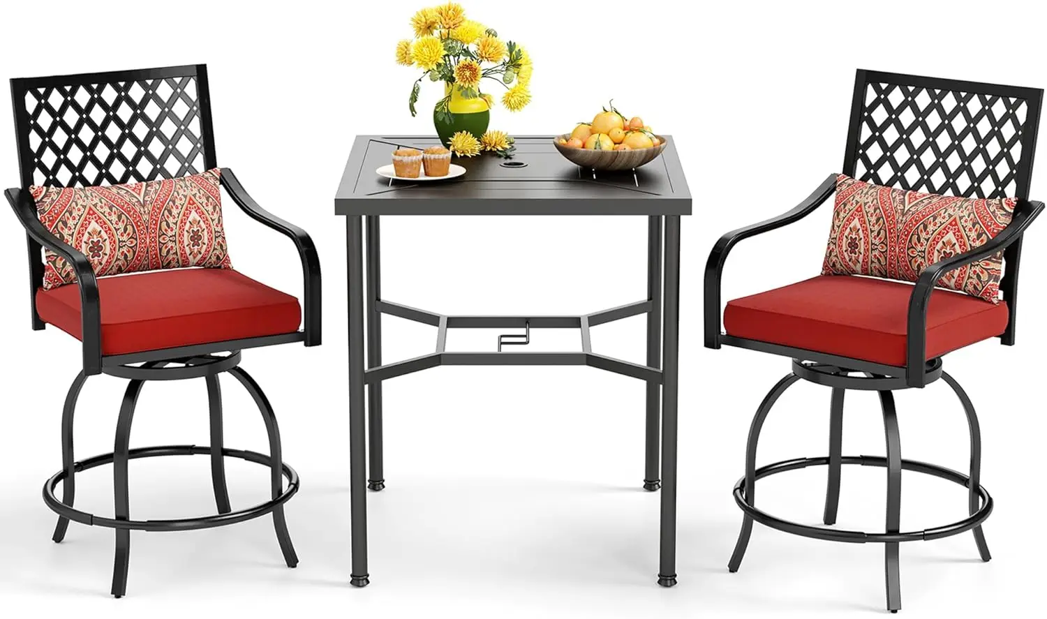 3 PCS Outdoor Bar Set with 2 Metal Swivel Counter Height Bar Stool and 1 Metal Square Bar Table with Umbrella Hole,