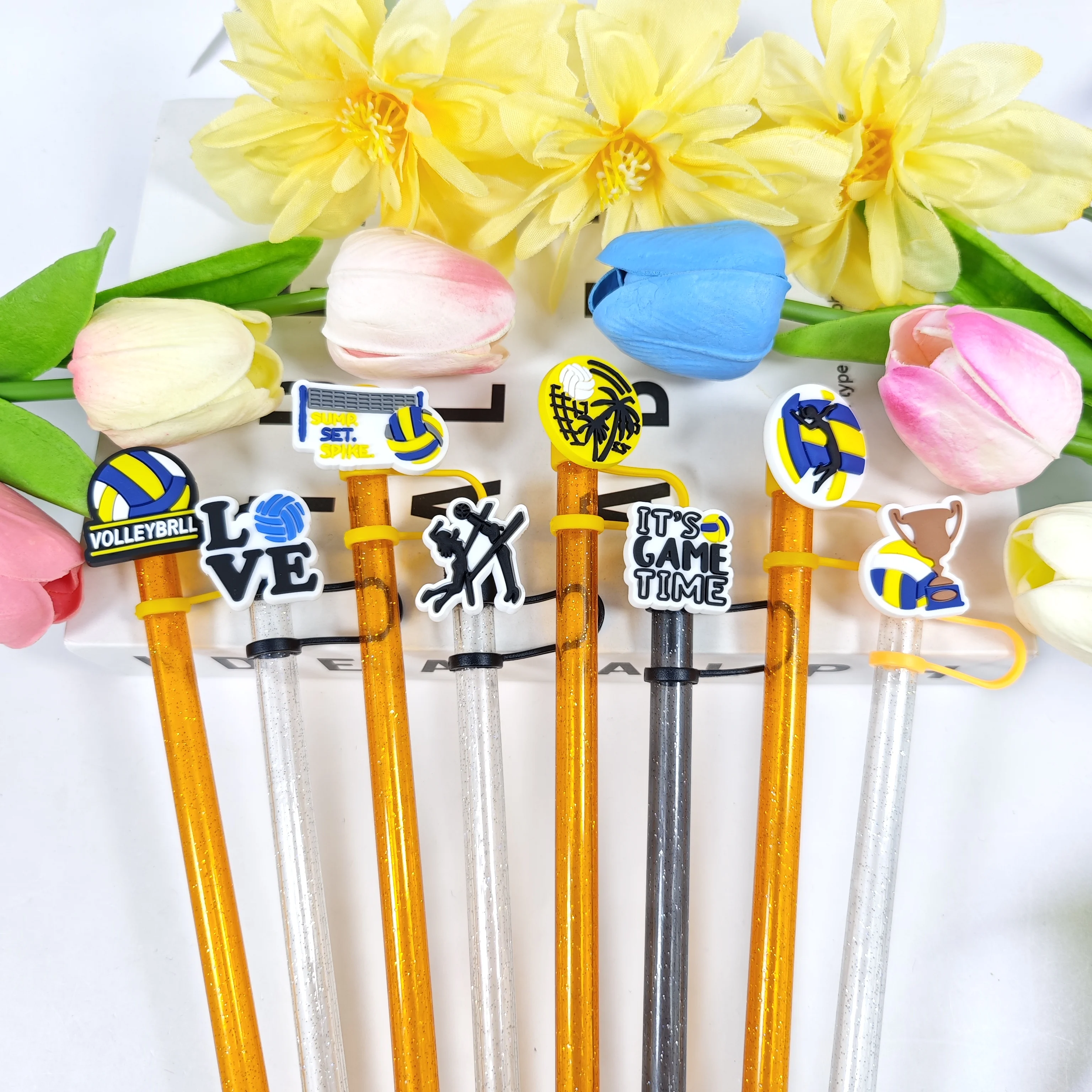 Creative Volleyball Series Cartoon Straw Cap, Soft Rubber Detachable Straw Dust Cap, Straw Cover