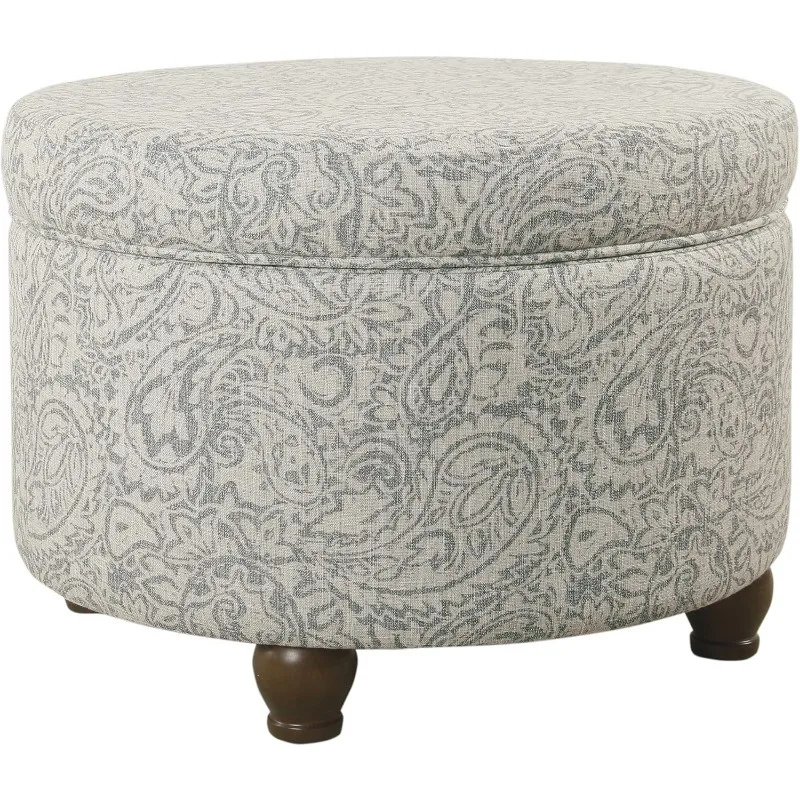 Home Decor | Upholstered Round Storage Ottoman | Ottoman with Storage for Living Room & Bedroom, Gray Floral