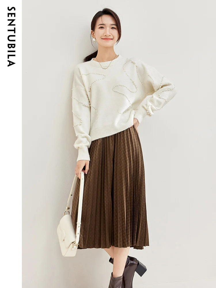 SENTUBILA Spring Elegant Matching Sets 2024 O-neck Sweater A-line Pleated Midi Skirt Set Woman 2 Pieces Skirt and Top 733Z51798Z