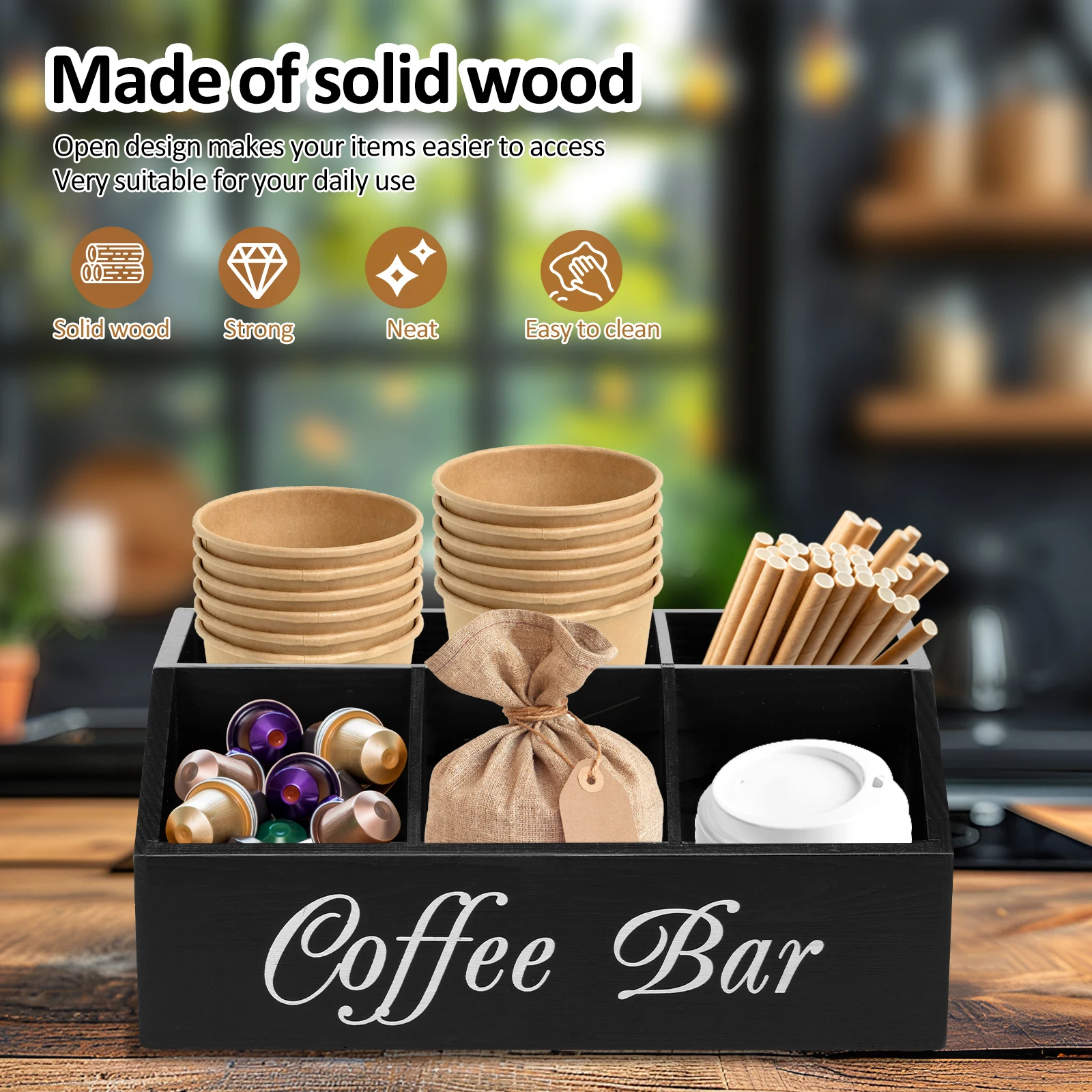 Wooden Coffee Rack Coffee Bar Organizer 5 Compartments Coffee Bar Accessories Vintage Coffee Storage Station Coffee Pods Holder
